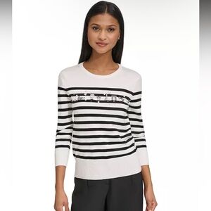NWT Karl Lagerfeld Paris Striped Embellished 3/4 Sleeve Sweater Medium